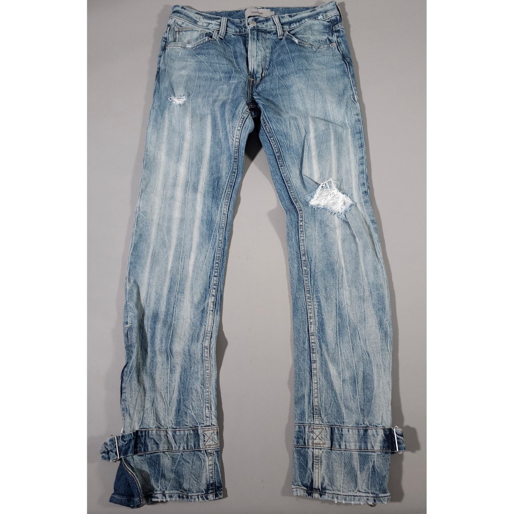 Hudson Kick Flare EXR Jeans‎ Mens 31 Blue Distressed Buckle Cuff Zip Hem